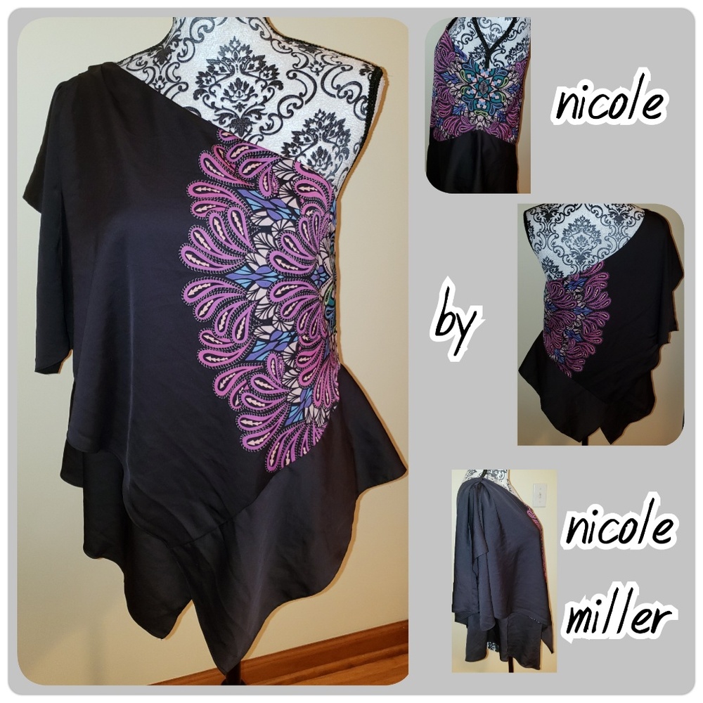 One shoulder hankerchief hem shirt